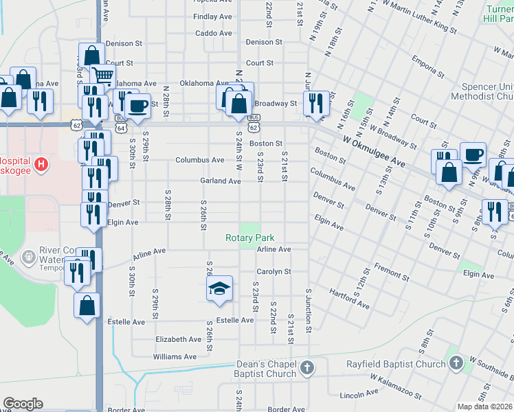map of restaurants, bars, coffee shops, grocery stores, and more near 2321 Denver Street in Muskogee