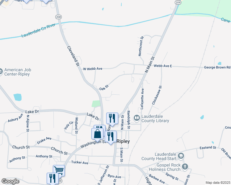 map of restaurants, bars, coffee shops, grocery stores, and more near 129 Sarah Circle in Ripley
