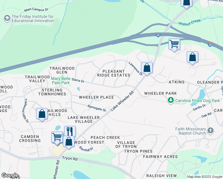 map of restaurants, bars, coffee shops, grocery stores, and more near 2205 Sierra Drive in Raleigh