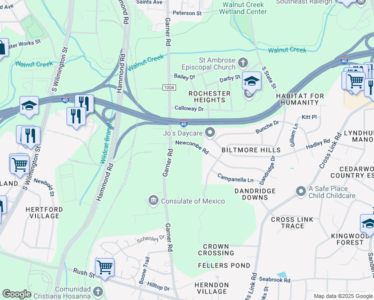 map of restaurants, bars, coffee shops, grocery stores, and more near 2204 Biltmore Court in Raleigh