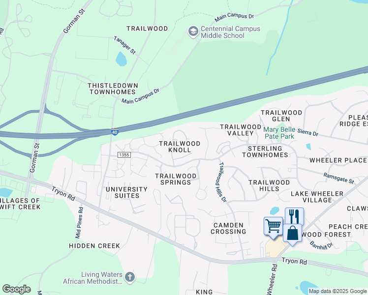 map of restaurants, bars, coffee shops, grocery stores, and more near 2013 Deep Forest Trail in Raleigh