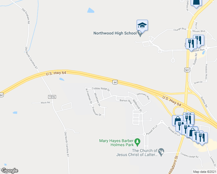map of restaurants, bars, coffee shops, grocery stores, and more near 56 Cobble Ridge Dr in Pittsboro