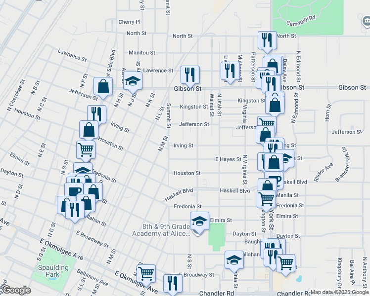 map of restaurants, bars, coffee shops, grocery stores, and more near 1515 Irving Street in Muskogee