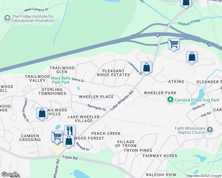 map of restaurants, bars, coffee shops, grocery stores, and more near 2205 Sierra Drive in Raleigh