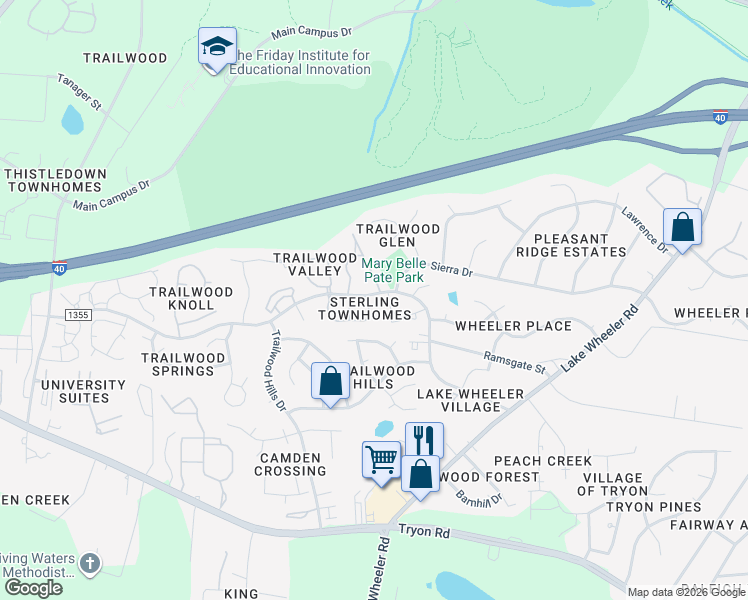 map of restaurants, bars, coffee shops, grocery stores, and more near 2601 Sterling Park Drive in Raleigh