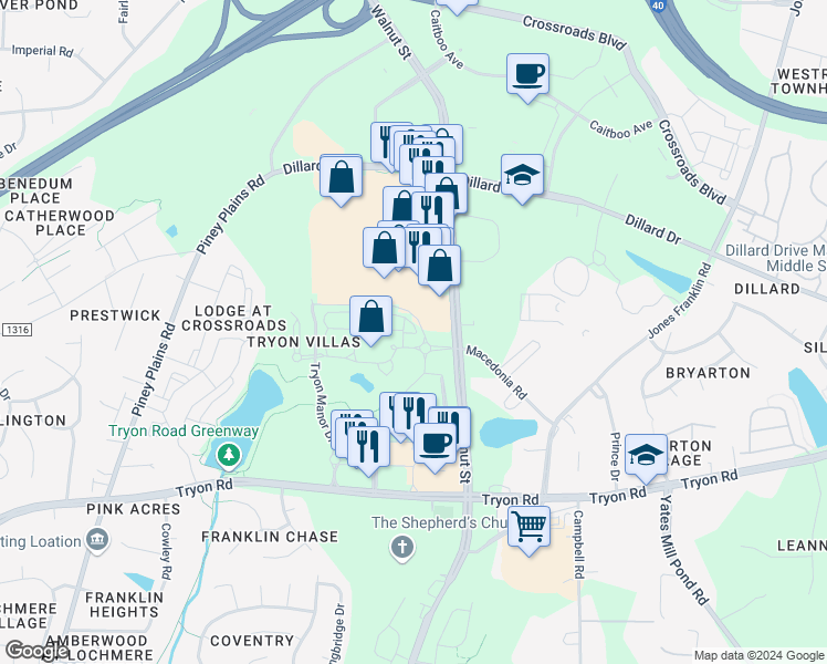 map of restaurants, bars, coffee shops, grocery stores, and more near 5304 Underwood Arbor Place in Cary