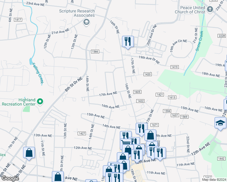 map of restaurants, bars, coffee shops, grocery stores, and more near 1517 17th Avenue Northeast in Hickory