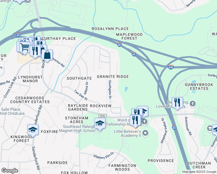 map of restaurants, bars, coffee shops, grocery stores, and more near 933 Southgate Drive in Raleigh