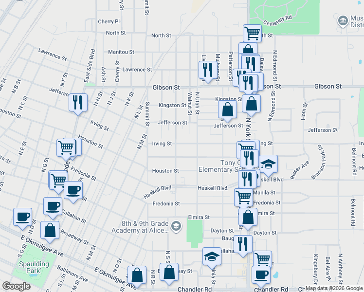 map of restaurants, bars, coffee shops, grocery stores, and more near 1607 Irving Street in Muskogee