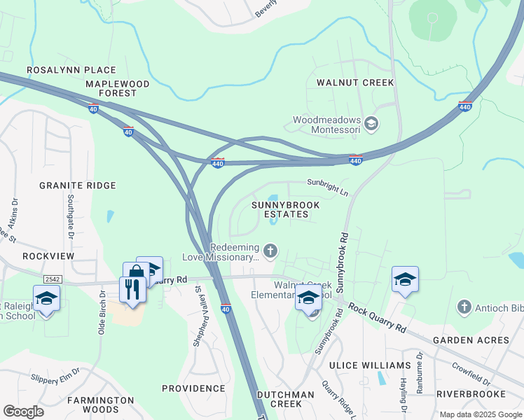 map of restaurants, bars, coffee shops, grocery stores, and more near 2131 Sunny Cove Drive in Raleigh