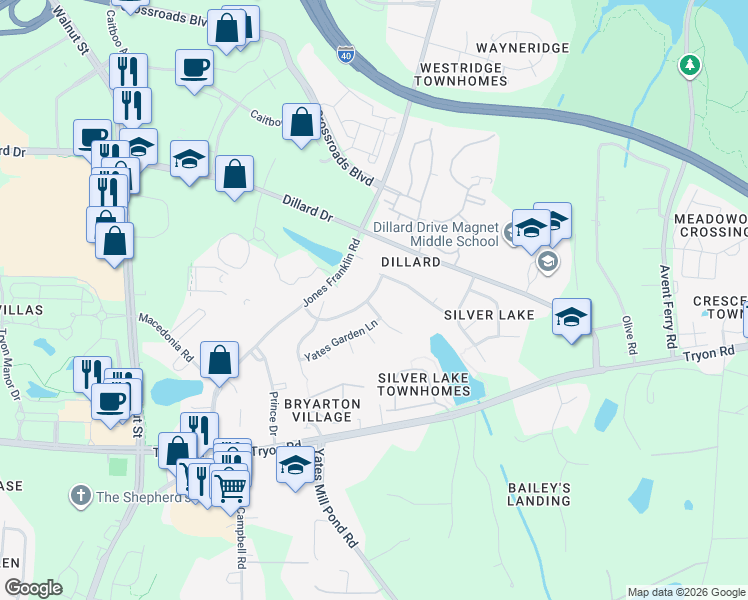 map of restaurants, bars, coffee shops, grocery stores, and more near 2301 Silver Lake Trail in Raleigh