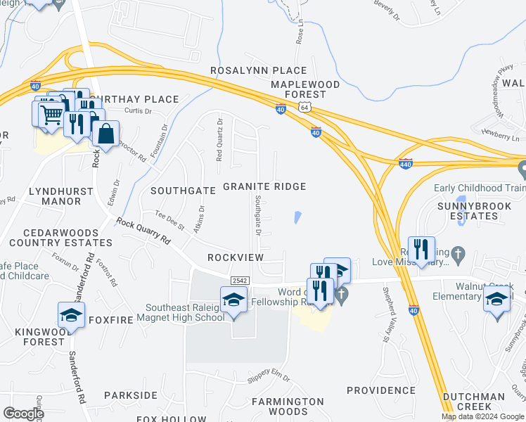 map of restaurants, bars, coffee shops, grocery stores, and more near 928 Southgate Drive in Raleigh