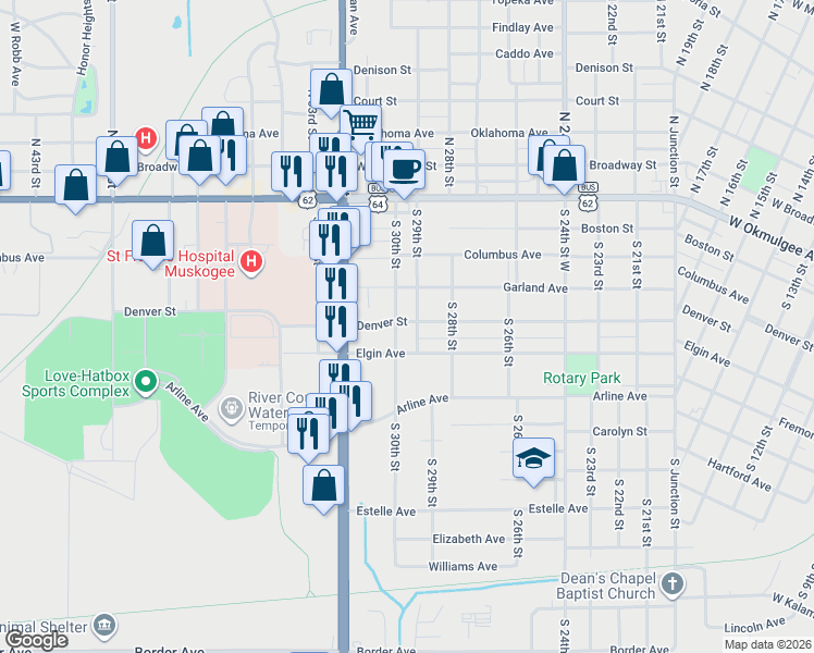 map of restaurants, bars, coffee shops, grocery stores, and more near 2905 Denver Street in Muskogee