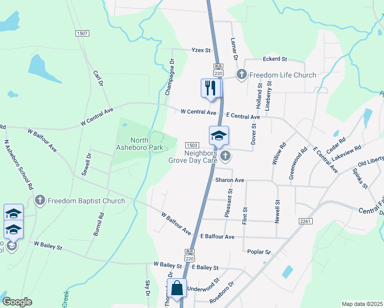 map of restaurants, bars, coffee shops, grocery stores, and more near 1923N North Fayetteville Street in Asheboro