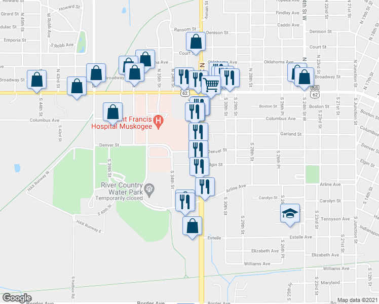 map of restaurants, bars, coffee shops, grocery stores, and more near 401 South 33rd Street in Muskogee