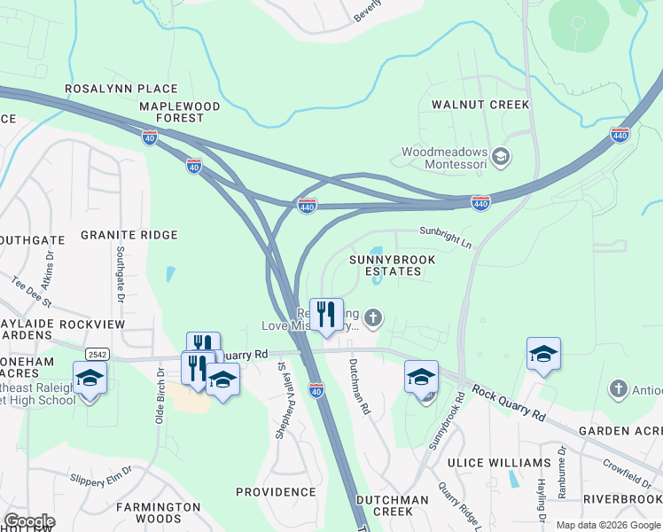 map of restaurants, bars, coffee shops, grocery stores, and more near 3245 Warm Springs Lane in Raleigh