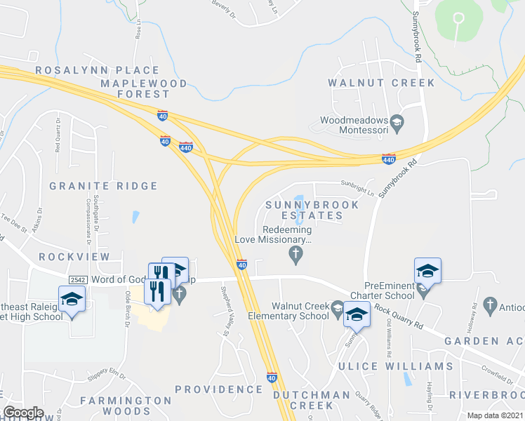 map of restaurants, bars, coffee shops, grocery stores, and more near 3245 Warm Springs Lane in Raleigh