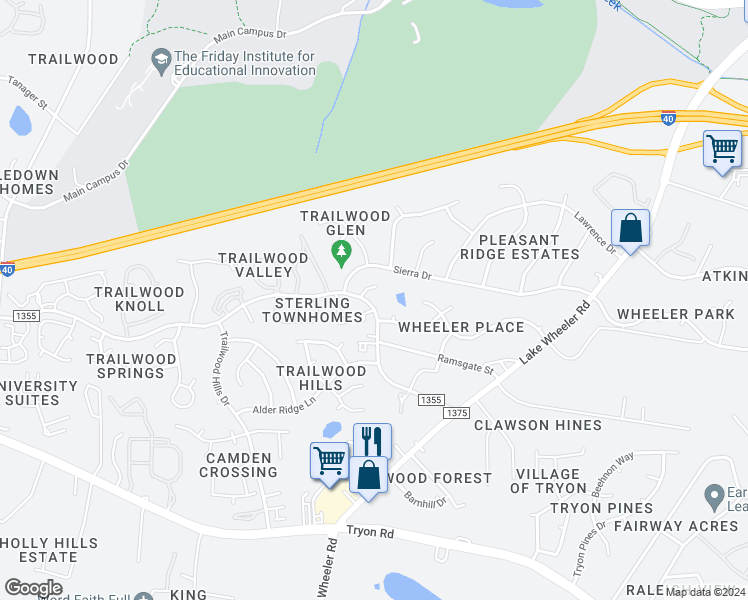 map of restaurants, bars, coffee shops, grocery stores, and more near 2201 Lineberry Drive in Raleigh