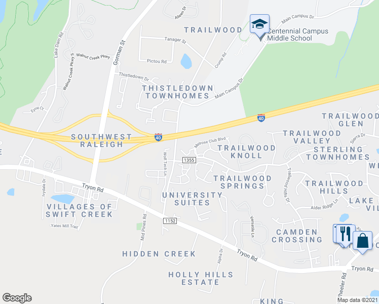 map of restaurants, bars, coffee shops, grocery stores, and more near 3401 Melrose Ridge Court in Raleigh