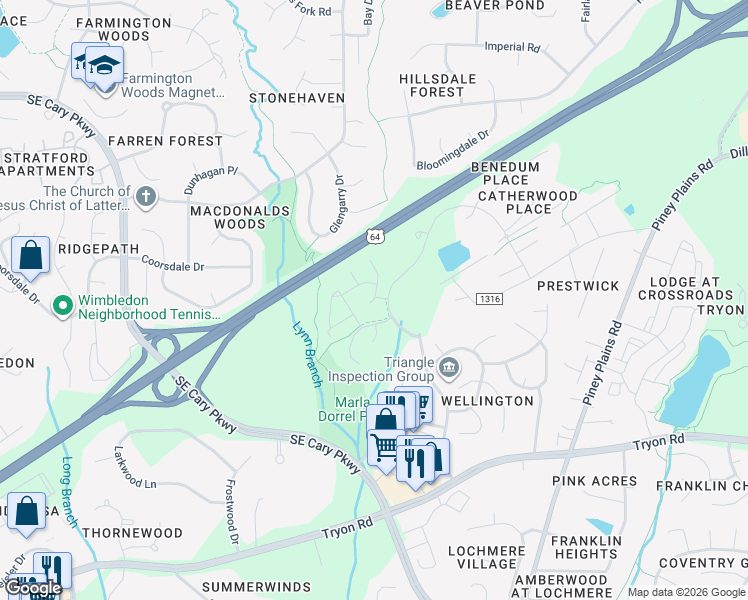 map of restaurants, bars, coffee shops, grocery stores, and more near 722 Renshaw Court in Cary