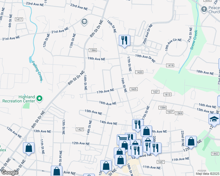 map of restaurants, bars, coffee shops, grocery stores, and more near 1517 17th Avenue Northeast in Hickory