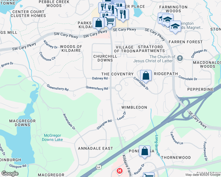 map of restaurants, bars, coffee shops, grocery stores, and more near Kildaire Farm Rd & McEnroe Ct in Cary