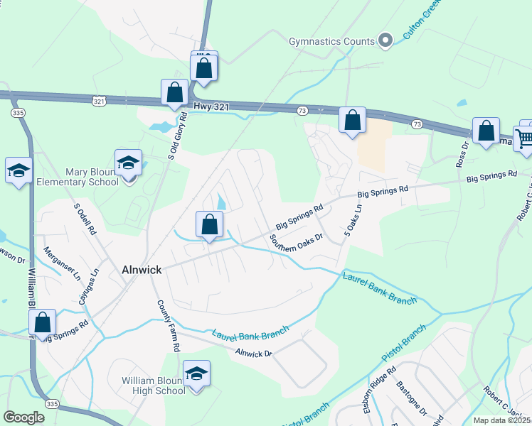 map of restaurants, bars, coffee shops, grocery stores, and more near 142 Watson Drive in Maryville