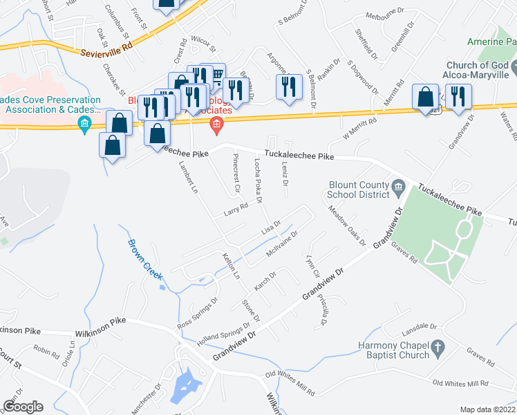 map of restaurants, bars, coffee shops, grocery stores, and more near 305 Locha Poka Drive in Maryville