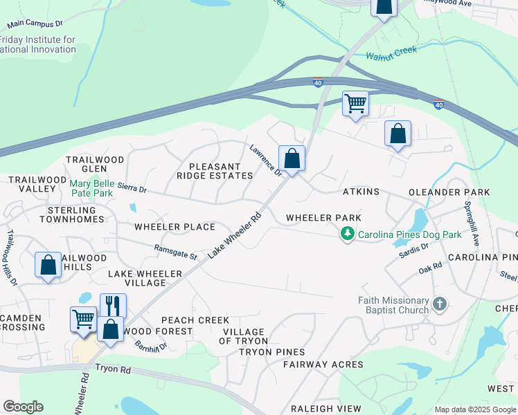 map of restaurants, bars, coffee shops, grocery stores, and more near 2001 Sierra Drive in Raleigh