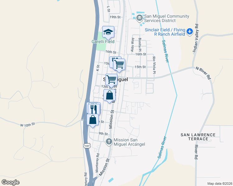 map of restaurants, bars, coffee shops, grocery stores, and more near 1350 Mission Street in San Miguel