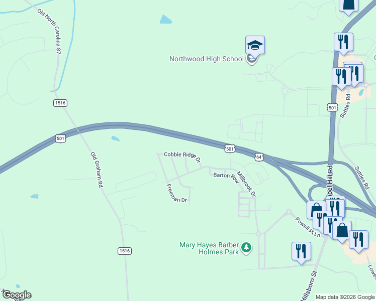 map of restaurants, bars, coffee shops, grocery stores, and more near 66 Cobble Ridge Drive in Pittsboro