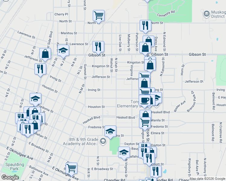 map of restaurants, bars, coffee shops, grocery stores, and more near 1607 Irving Street in Muskogee