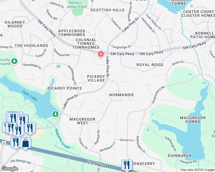 map of restaurants, bars, coffee shops, grocery stores, and more near 104 South Devimy Court in Cary