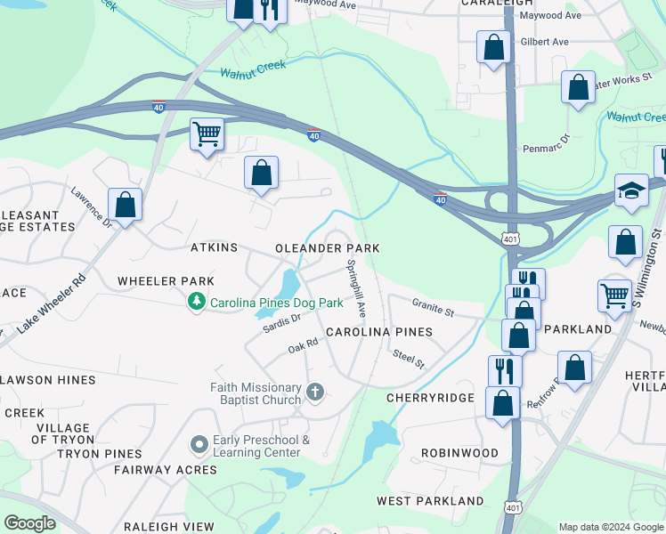 map of restaurants, bars, coffee shops, grocery stores, and more near 612 Oleander Road in Raleigh