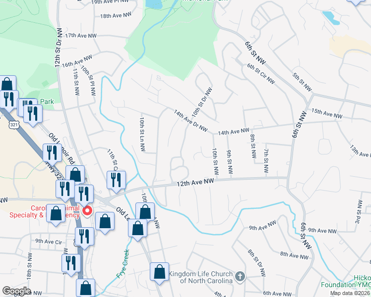 map of restaurants, bars, coffee shops, grocery stores, and more near 1322 10th St Dr NW in Hickory