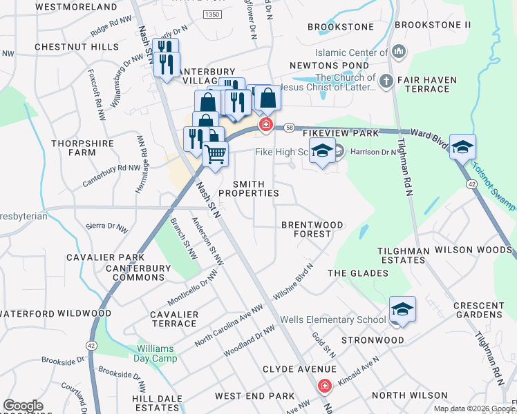 map of restaurants, bars, coffee shops, grocery stores, and more near 2206 Somerset Drive North in Wilson