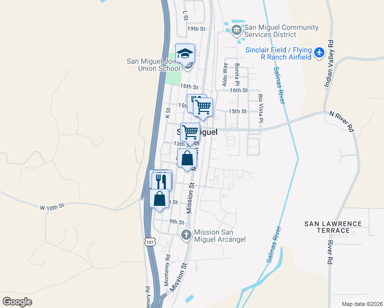 map of restaurants, bars, coffee shops, grocery stores, and more near 1263 Mission Street in San Miguel