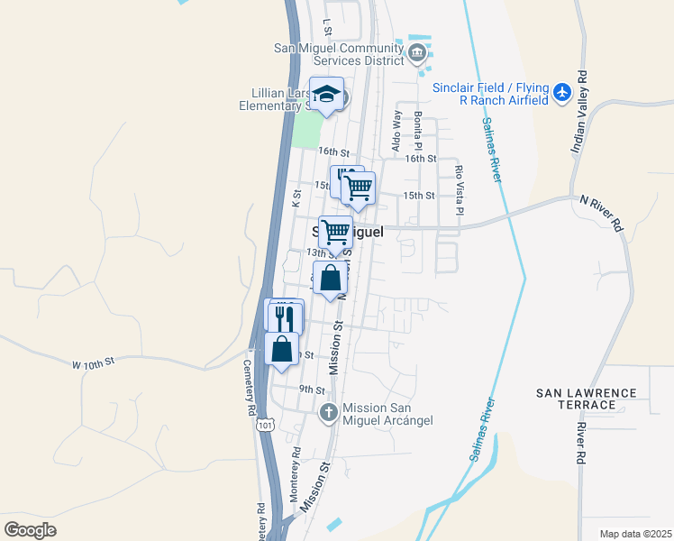 map of restaurants, bars, coffee shops, grocery stores, and more near 1263 Mission Street in San Miguel