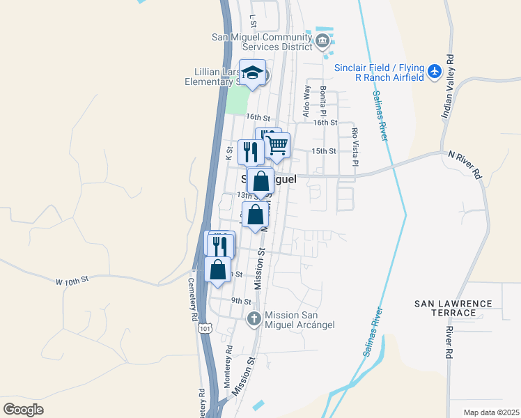 map of restaurants, bars, coffee shops, grocery stores, and more near 1263 Mission Street in San Miguel