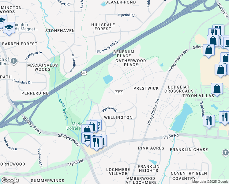 map of restaurants, bars, coffee shops, grocery stores, and more near 2430 Stephens Road in Cary