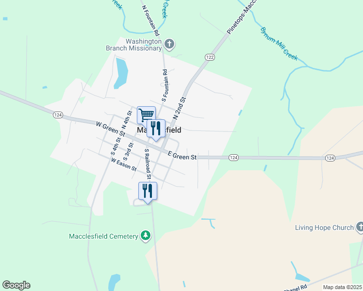 map of restaurants, bars, coffee shops, grocery stores, and more near 106 North 1st Street in Macclesfield