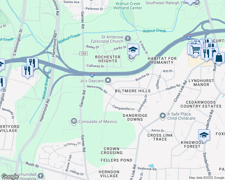 map of restaurants, bars, coffee shops, grocery stores, and more near 708 Hadley Road in Raleigh