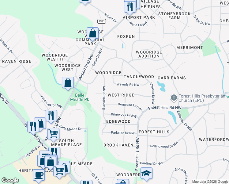 map of restaurants, bars, coffee shops, grocery stores, and more near 1308 Queen Anne Road Northwest in Wilson