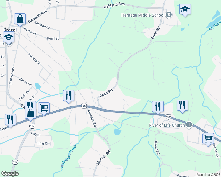 map of restaurants, bars, coffee shops, grocery stores, and more near 2160 Enon Road in Morganton