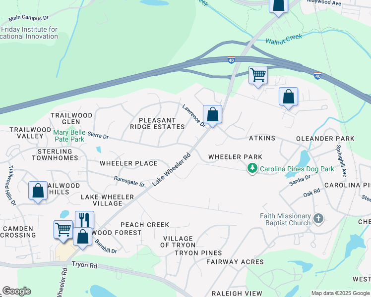map of restaurants, bars, coffee shops, grocery stores, and more near 2005 Sierra Drive in Raleigh