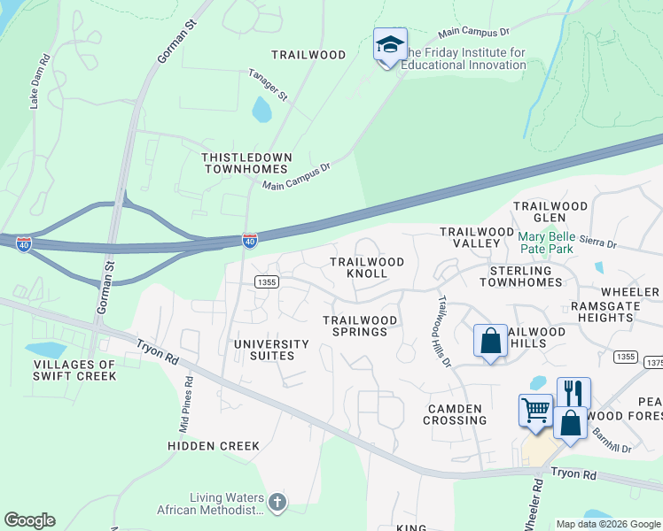 map of restaurants, bars, coffee shops, grocery stores, and more near 1921 Melrose Valley Circle in Raleigh