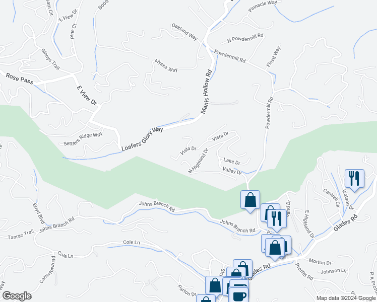 map of restaurants, bars, coffee shops, grocery stores, and more near 1020 Vista Drive in Gatlinburg