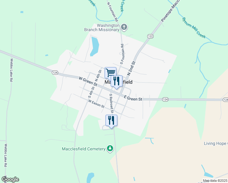map of restaurants, bars, coffee shops, grocery stores, and more near 103 South Railroad Street in Macclesfield