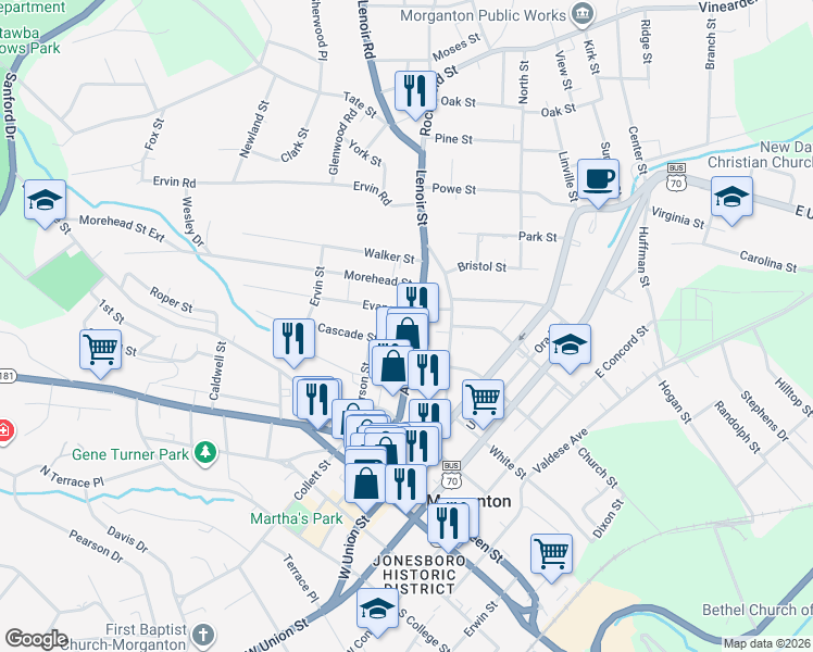 map of restaurants, bars, coffee shops, grocery stores, and more near 237 Avery Avenue in Morganton
