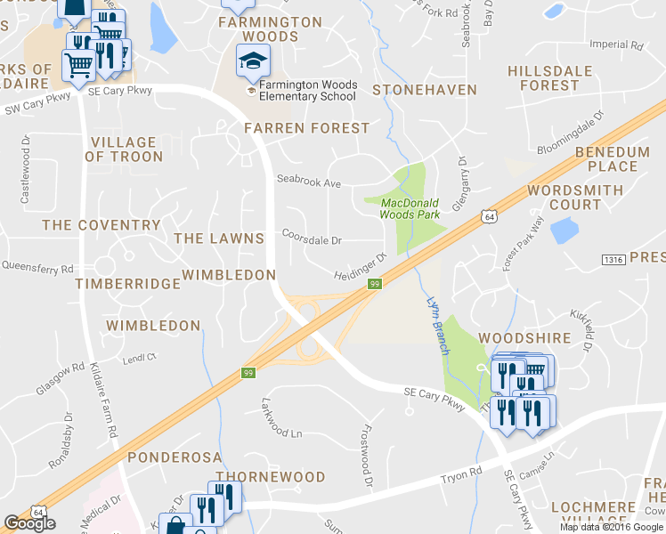 map of restaurants, bars, coffee shops, grocery stores, and more near 224 Heidinger Drive in Cary